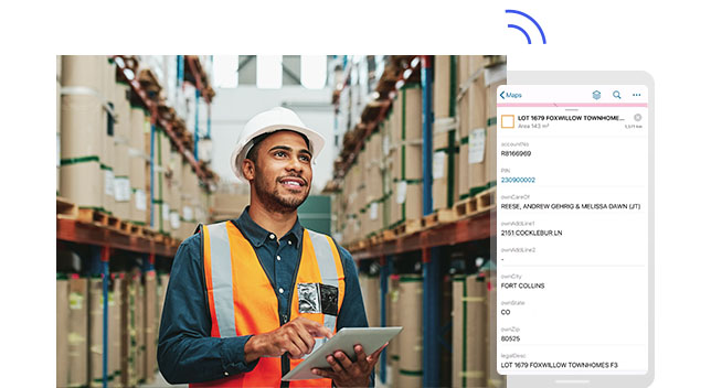 Worker in a warehouse taking inventory on a tablet and a screenshot of the tablet screen